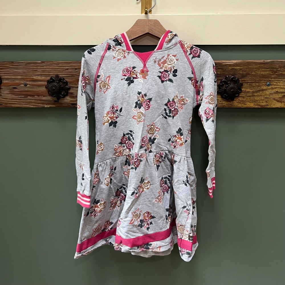 Matilda Jane Girls Gray Floral Rose Hooded Dress Pink Striped Elbow Patches 8